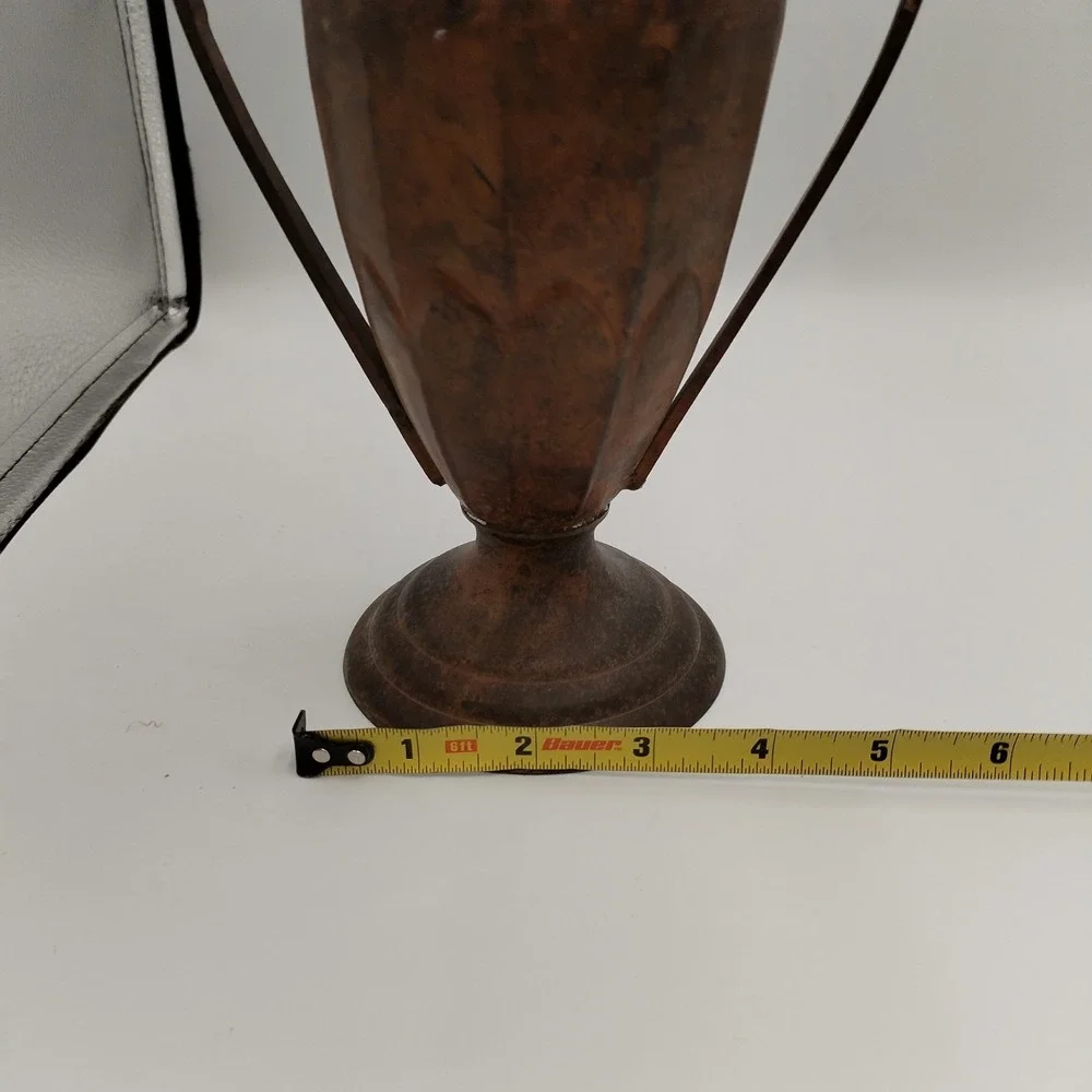Vintage 10 In Solid Brass Double Handle Urn Vase Grecian Vessel Rustic Patina